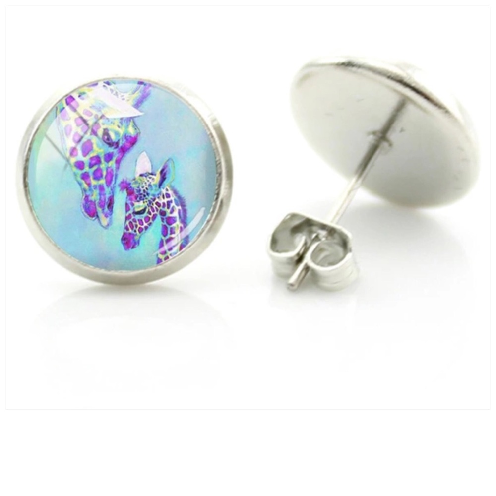 Giraffe Colorful Cabochon Glass 12mm Stud Earrings